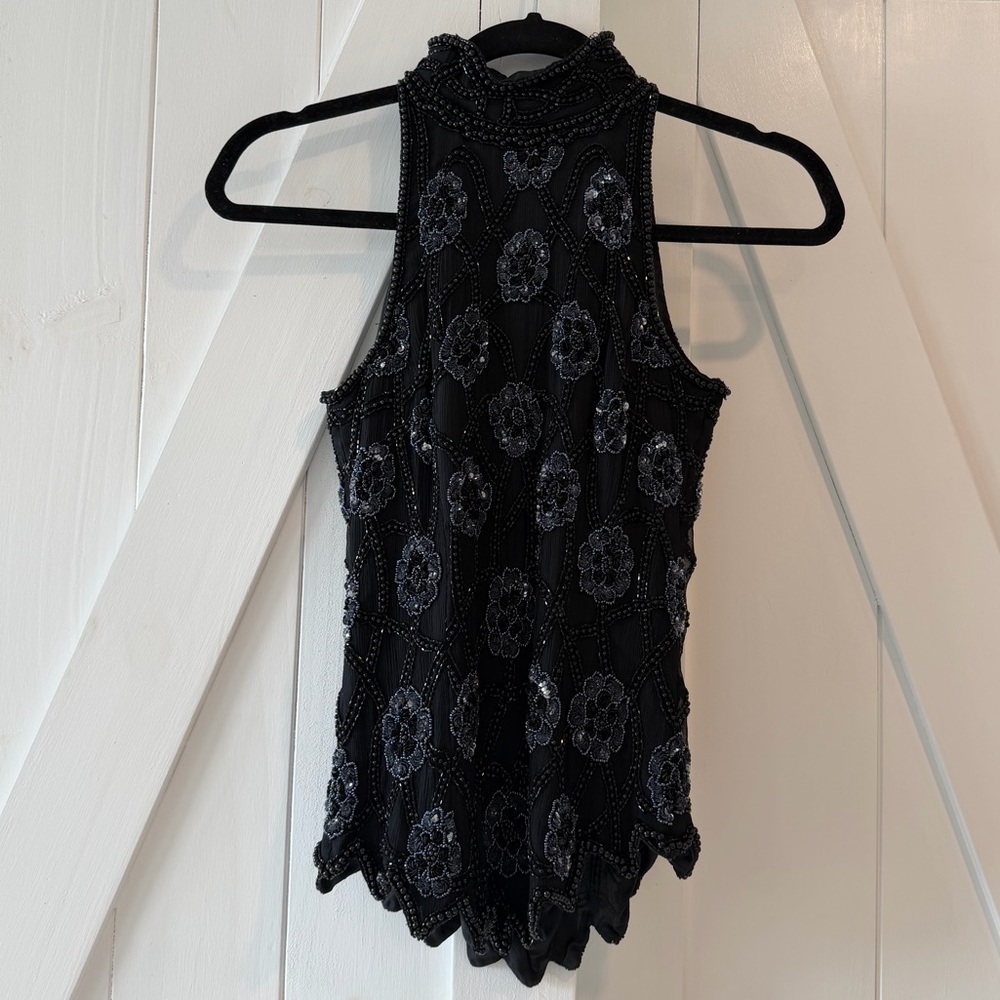 Papell Boutique Black Sleeveless Beaded Mock Neck Camisole